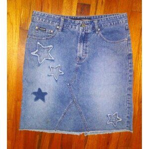 Squeeze Stephen Hardy Denim pencil Skirt patchwork stars 11/12 Stars blue raw